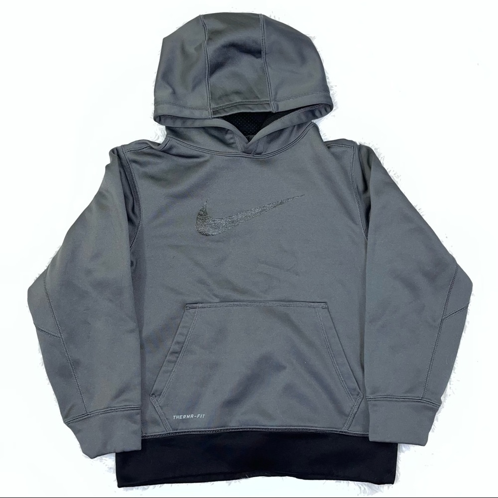 NIKE Kids Youth Therma Fit Hoodie Pullover Gray Black Medium